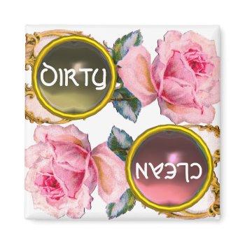 pink roses and gem stones dirty clean dishwasher magnet