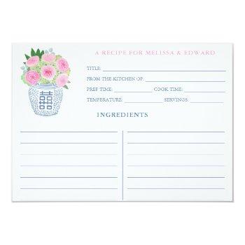 Pink Roses Chinoiserie Bridal Shower Recipe Card Front View