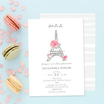 pink roses glitter paris elegant bridal shower invitation