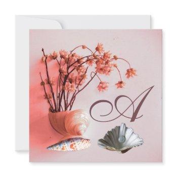 pink seashells,flowers monogram beach wedding invitation
