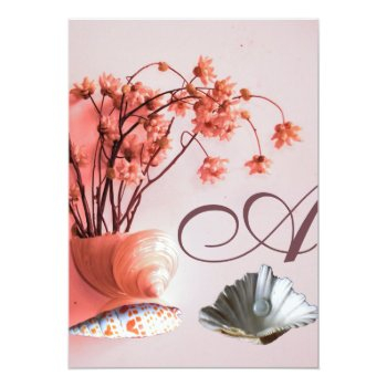 Pink Seashells,flowers Monogram Beach Wedding Invitation Front View