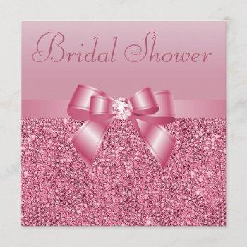 pink sequins, bow & diamond bridal shower invitation