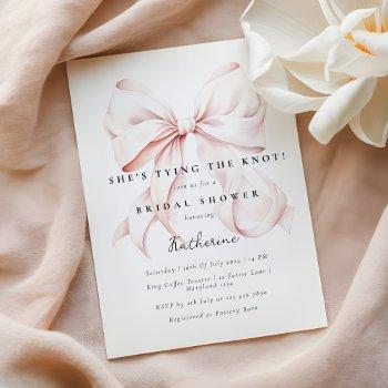 pink she's tying the knot bow bridal shower invitation