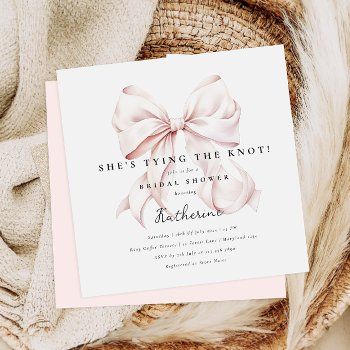 pink she's tying the knot bow bridal shower invitation