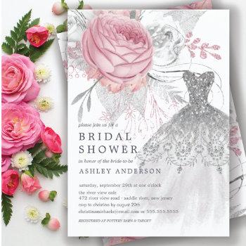pink & silver floral wedding dress bridal shower invitation