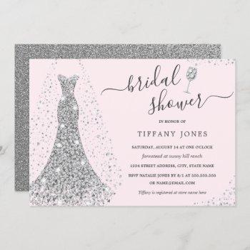 pink silver wedding dress sparkle bridal shower  invitation