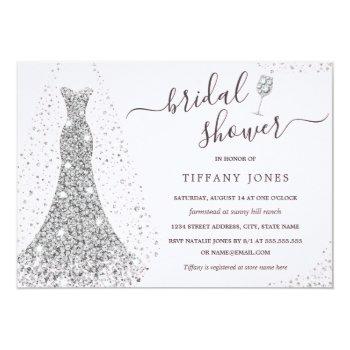 Pink Silver Wedding Dress Sparkle Bridal Shower  Invitation Front View