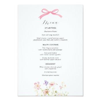 Pink Wildflower Bow Baby Shower Menu Invitation Front View