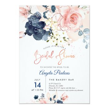 Pixdezines Bridal Shower Navy Blush H2 Flowers Invitation Front View