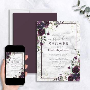 plum purple gold watercolor marble bridal shower invitation