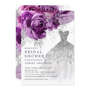 plum & silver floral wedding dress bridal shower invitation