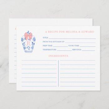 preppy pink white blue monogram shower recipe card