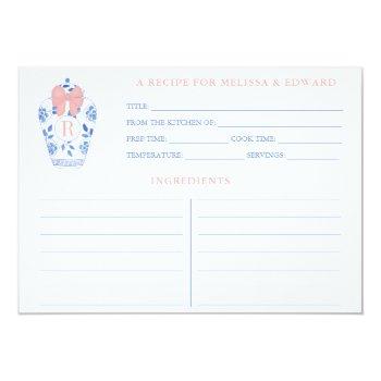 Preppy Pink White Blue Monogram Shower Recipe Card Front View