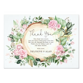 Pretty Pink Flowers Rose Garden Baby Shower Thank You Card Front View