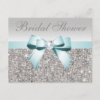 printed silver sequin teal bow image bridal shower invitation