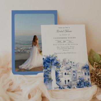 pristine blue and white santorini bridal shower invitation