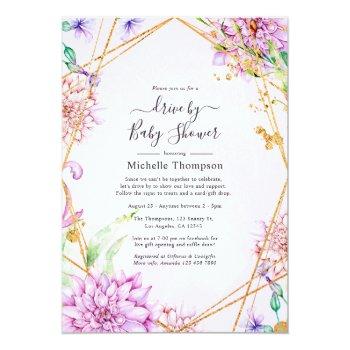 Purple And Gold Floral Geometric Drive By Shower Invitation Front View