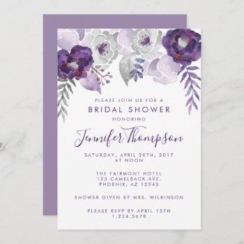 purple and silver watercolor floral bridal shower invitation
