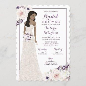 purple anemone bride in gown bridal shower invitation