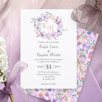 purple, blue, pink, peach roses wedding wreath invitation