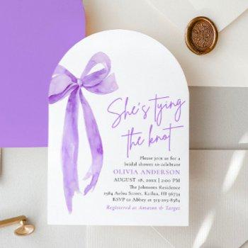 purple bow she's tying the knot bridal shower invitation