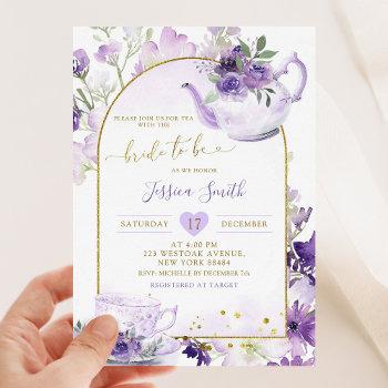 purple floral bridal shower tea party invitation
