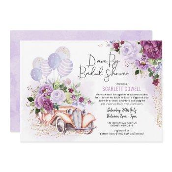 purple floral retro car drive by bridal shower invitation