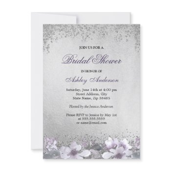 purple floral silver glitter bridal shower invite