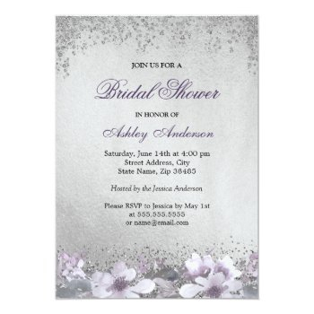 Purple Floral Silver Glitter Bridal Shower Invite Front View