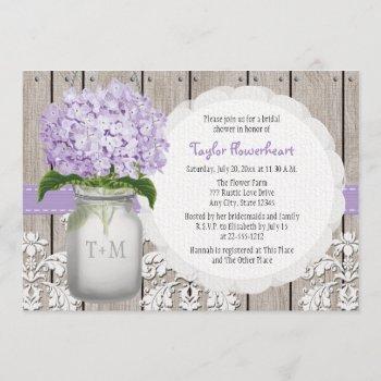 purple hydrangea monogram mason jar bridal shower invitation