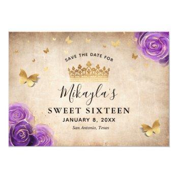 Purple Lavender And Gold Roses Elegant Save The Date Front View