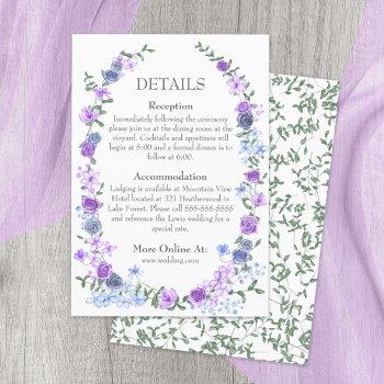 purple light blue rose garden vine wedding details enclosure card