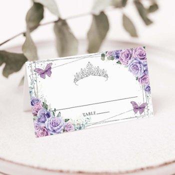 purple lilac floral butterflies quinceañera xv 16 place card