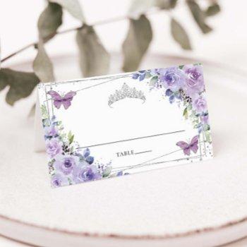 purple lilac floral silver quinceañera 16 birthday place card