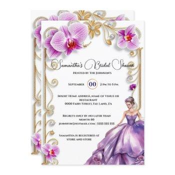 purple orchid ballgown bride to be bridal shower invitation