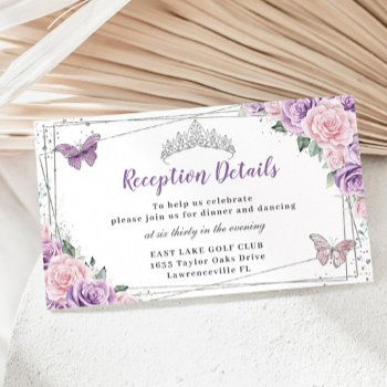 purple pink floral silver quinceañera reception enclosure card