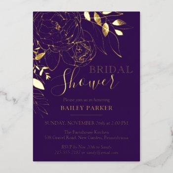 purple plum & gold modern floral bridal shower foil invitation