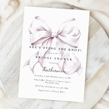 purple she's tying the knot bow bridal shower invitation