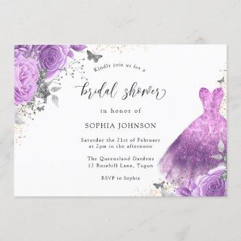 purple silver dress & rose butterfly bridal shower invitation