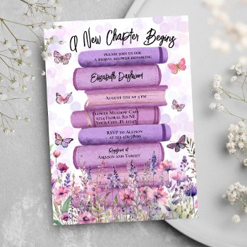 purple story book flower butterflies bridal shower invitation