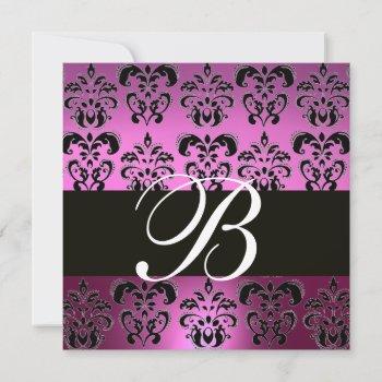 purple violet black damask monogram ,white, invitation