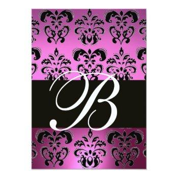 Purple Violet Black Damask Monogram ,white, Invitation Front View