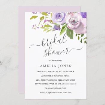 purple watercolor floral bridal shower invitation