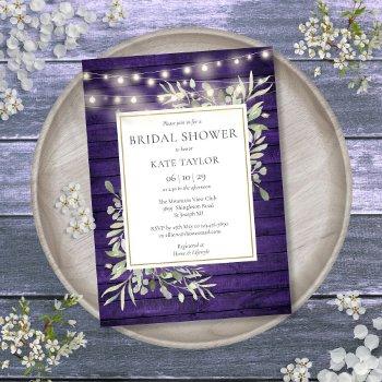 purple wood string lights greenery bridal shower invitation