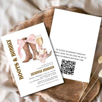 qr code pink bow boots & bubbly bridal shower invitation