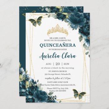 quinceañera dark teal peacock floral butterflies invitation