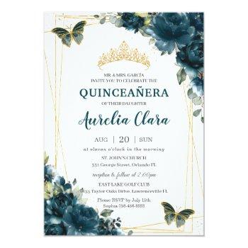 Quinceañera Dark Teal Peacock Floral Butterflies Invitation Front View