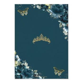 Quinceañera Dark Teal Peacock Floral Butterflies Invitation Front View