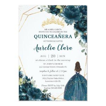 Quinceañera Dark Teal Peacock Floral Princess  Invitation Front View