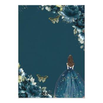 Quinceañera Dark Teal Peacock Floral Princess  Invitation Front View